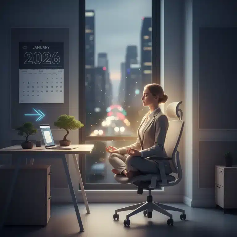 Professional meditating at desk, embodying mindfulness and stress reduction