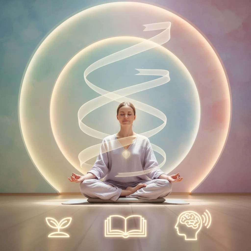 Person meditating peacefully, representing self-reflection and mental well-being for personal growth.