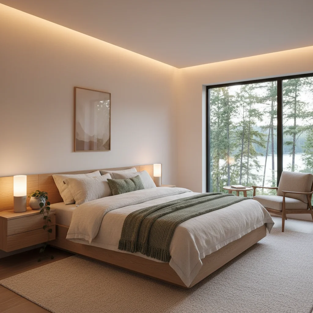 Minimalist bedroom with sustainable materials and smart lighting, reflecting future decor trends