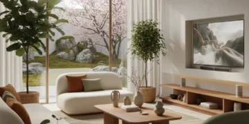 Home Decor Trends 2026: Comfort, Functionality, and Sustainability Modern living room with biophilic design and smart home integration, showcasing 2026 home decor trends
