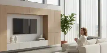 Home Organization Trends 2026: Declutter for a Stress-Free US Home Modern organized living room with integrated storage and minimalist decor, evoking stress-free living.