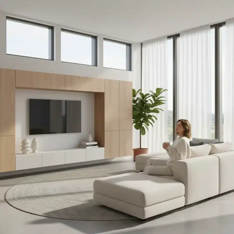Modern organized living room with integrated storage and minimalist decor, evoking stress-free living.