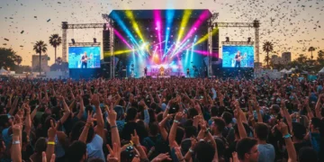 Diverse crowd enjoying a lively outdoor music festival at night, with bright stage lights.