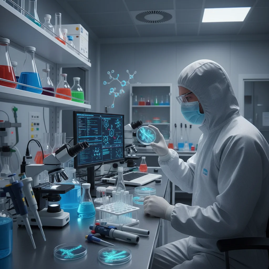 Scientist examining oral microbiome cultures in a laboratory setting for probiotic development.