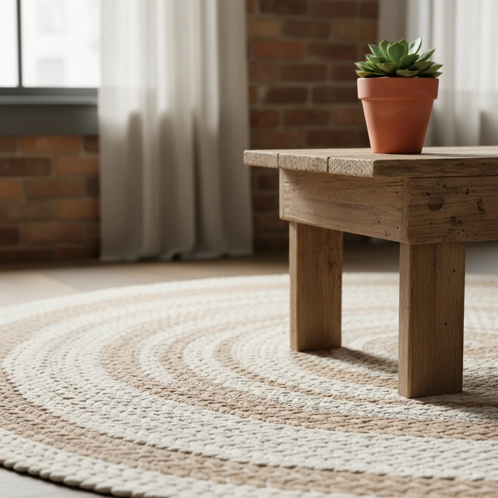 Ethically sourced organic cotton rug with reclaimed wood table