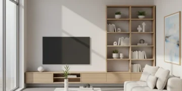 Organized minimalist living room with ample natural light