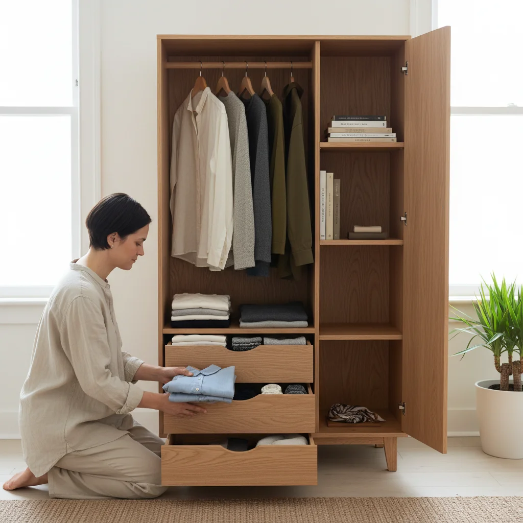 Person organizing a minimalist wardrobe with thoughtful clothing choices
