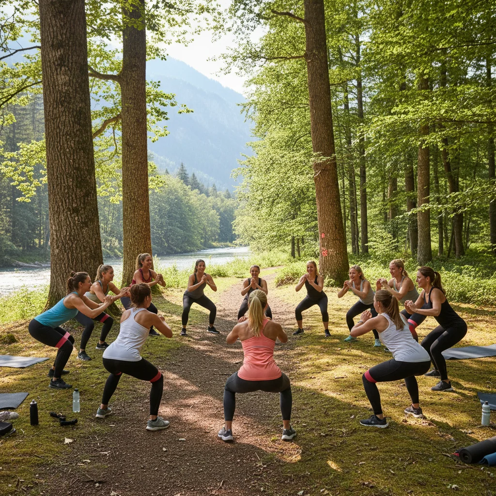 Group of people exercising outdoors in a park, enjoying nature and bodyweight workouts together.