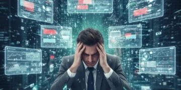 Overwhelmed professional surrounded by digital screens and notifications, experiencing digital age burnout.