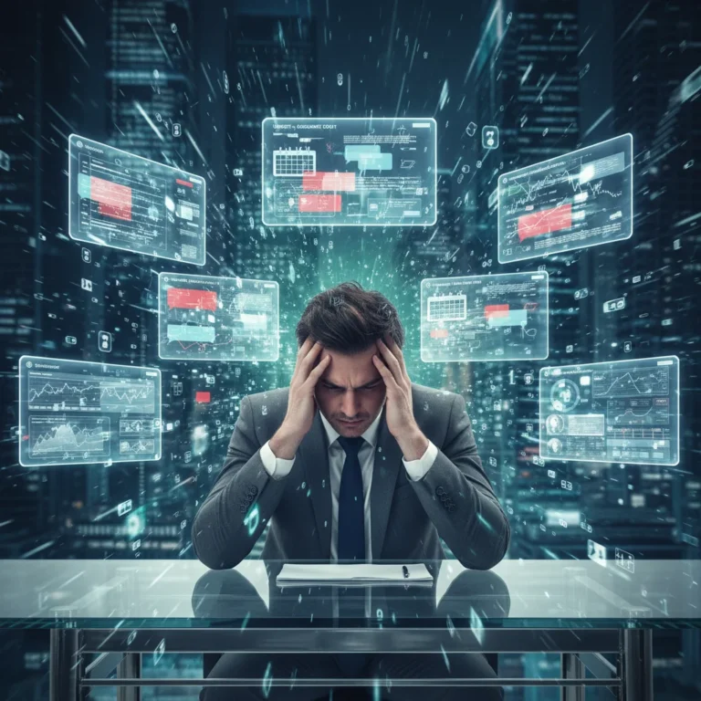 Overwhelmed professional surrounded by digital screens and notifications, experiencing digital age burnout.