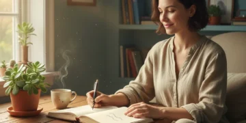 Person journaling peacefully at a desk with a pen and open notebook