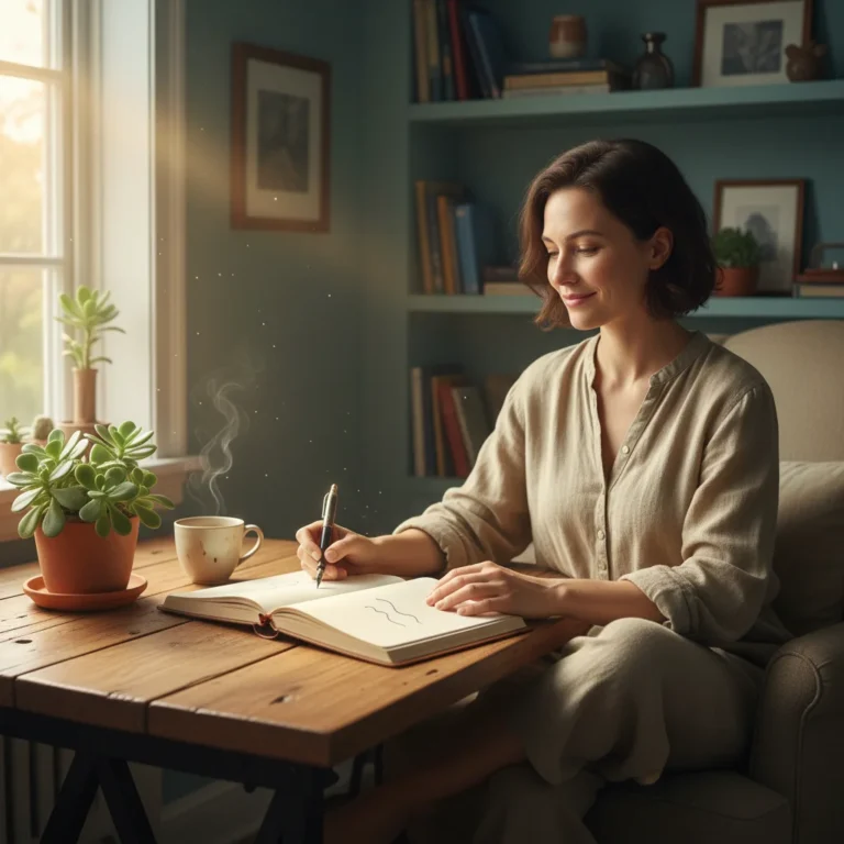 Person journaling peacefully at a desk with a pen and open notebook
