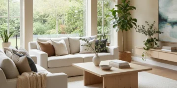 Peaceful living room with natural light and soft furnishings for a calming home