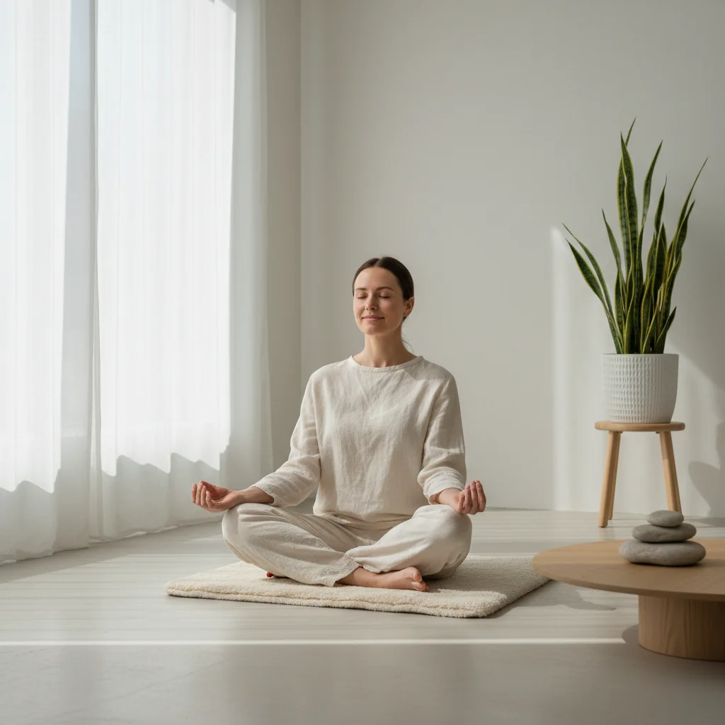 Person meditating peacefully, representing stress reduction and mental well-being.