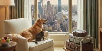 2026 Guide to Pet-Friendly US Hotels: Zero Hidden Fees Golden retriever and tabby cat relaxing in a spacious, bright hotel room, enjoying a city view, symbolizing stress-free pet travel.