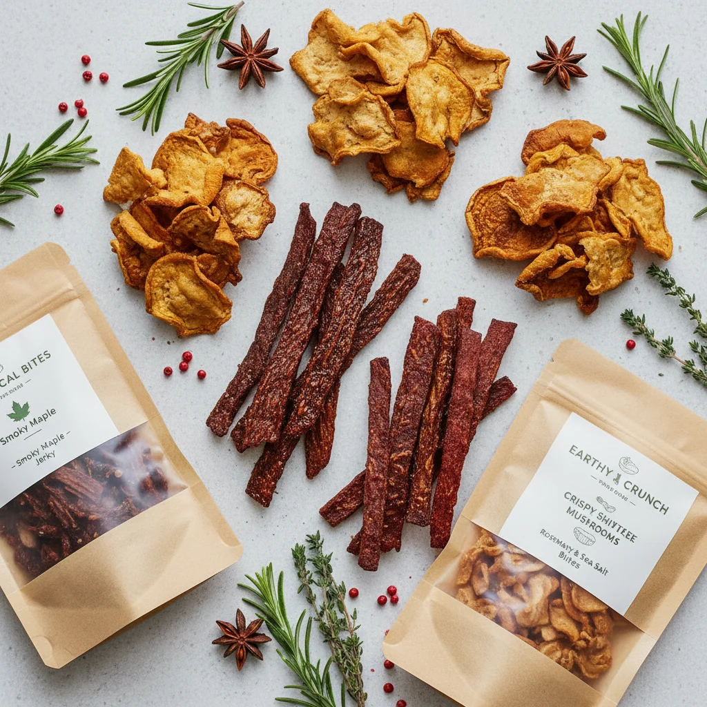Variety of plant-based jerky and mushroom-based snacks showcasing innovative meat alternatives.
