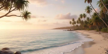 Pristine secluded beach with golden sand and calm ocean waves at sunrise, perfect for a peaceful getaway.