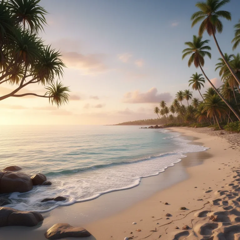 Pristine secluded beach with golden sand and calm ocean waves at sunrise, perfect for a peaceful getaway.