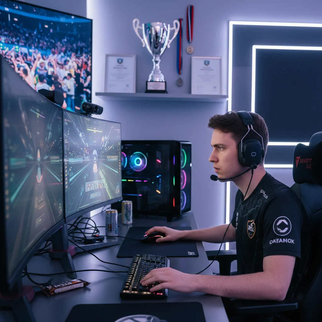 Professional esports player focused on gaming, high-tech setup.
