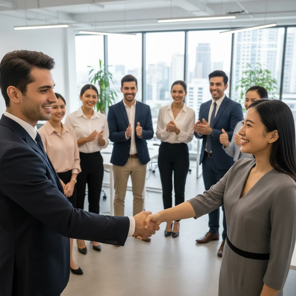 Professionals shaking hands, demonstrating strong social skills and positive relationship building.