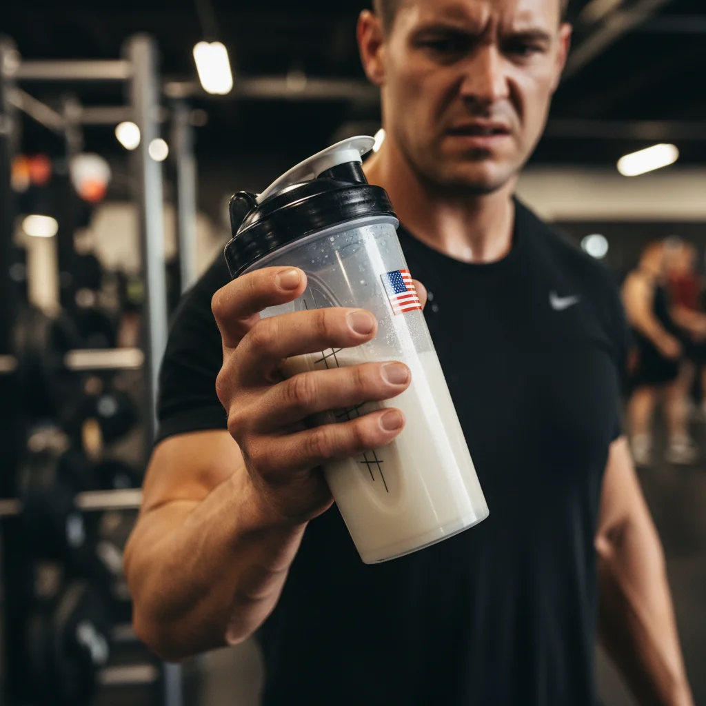 Athlete drinking protein shake for muscle recovery post-workout.