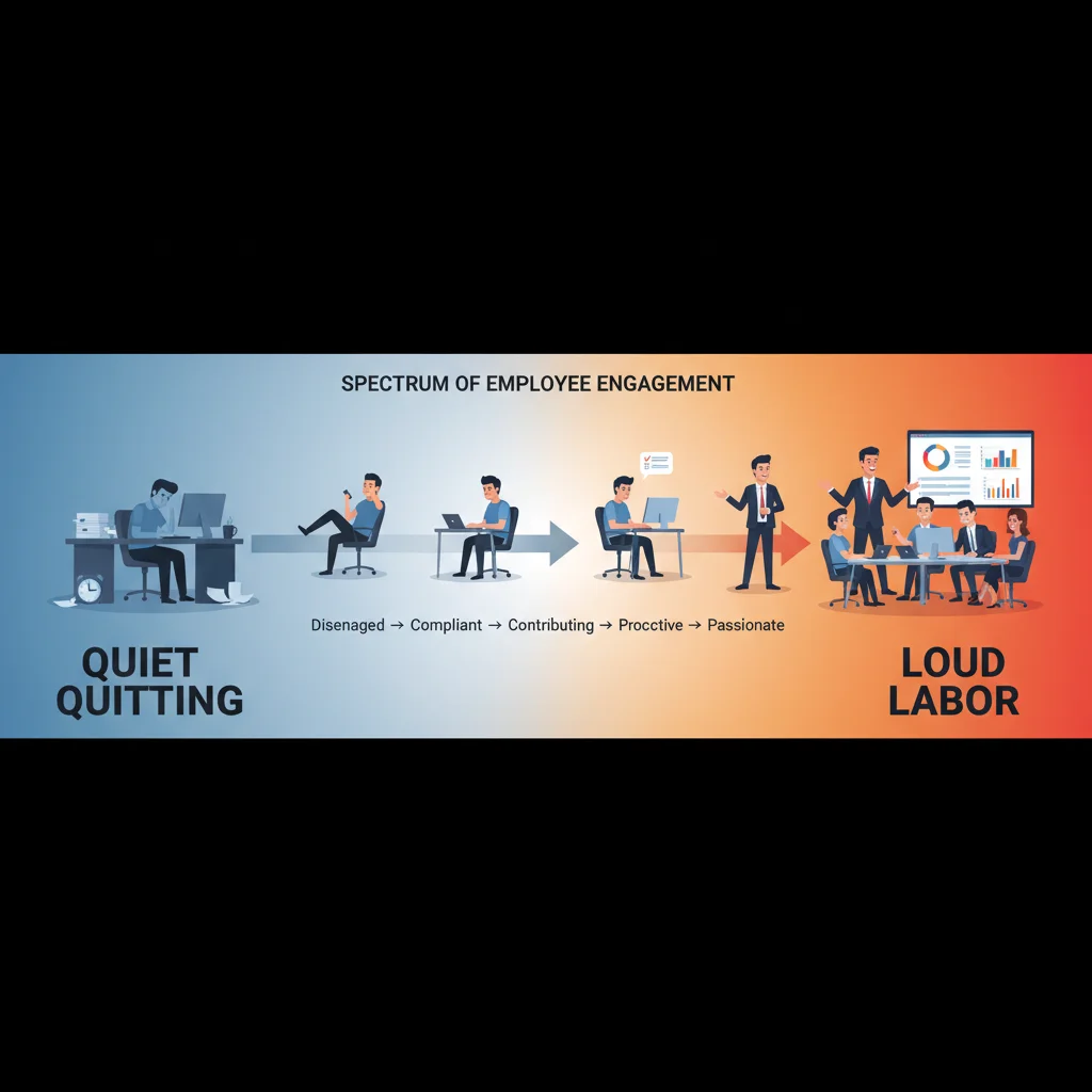 Spectrum illustrating the transition from quiet quitting to loud labor in employee engagement.