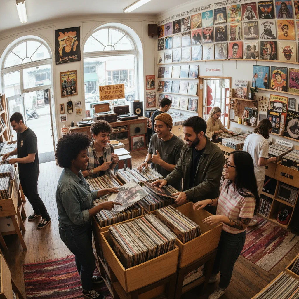 People browsing vinyl records in a bustling independent record store, highlighting community and discovery.