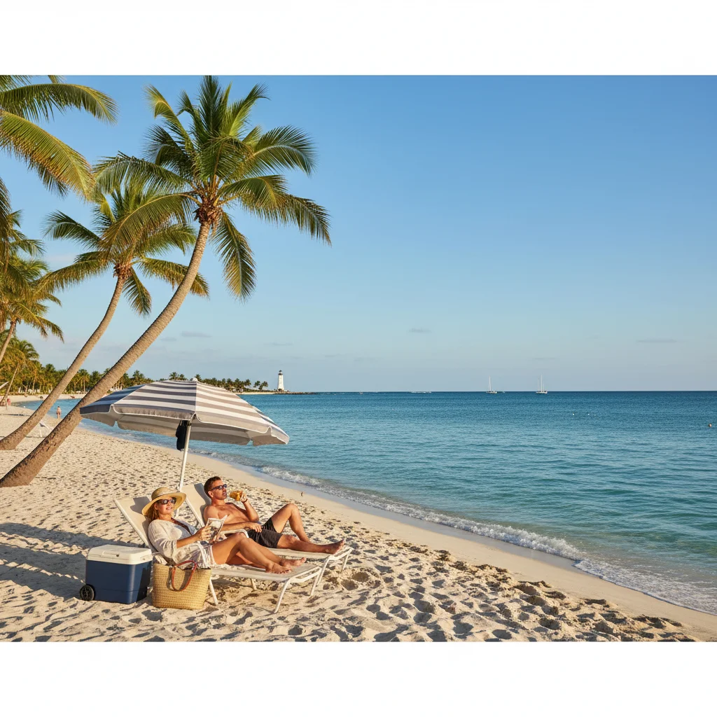 Couple relaxing on a sunny US beach, an ideal last-minute travel destination.