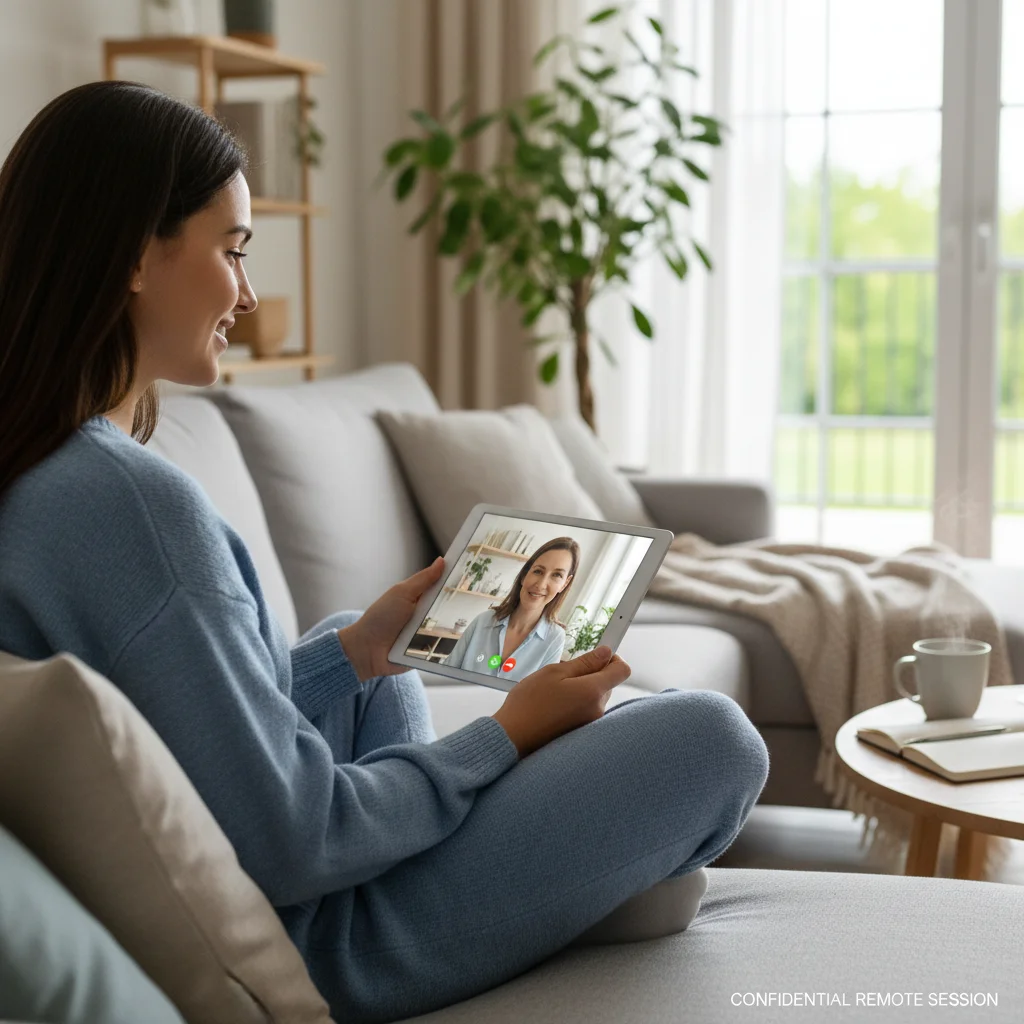 Individual receiving personalized remote mental health consultation via tablet at home.