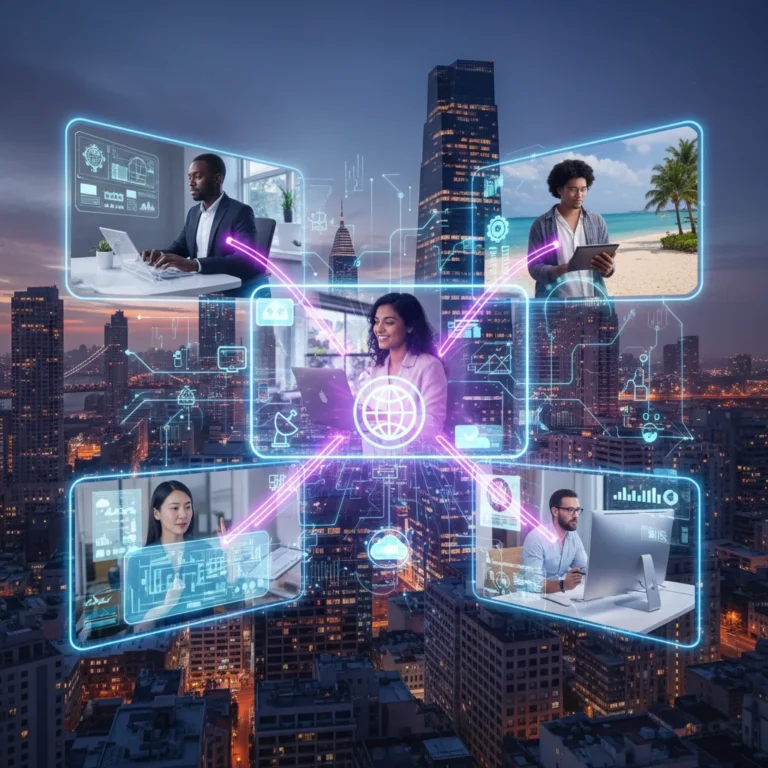 Professionals collaborating remotely using advanced technology, symbolizing the future of work.