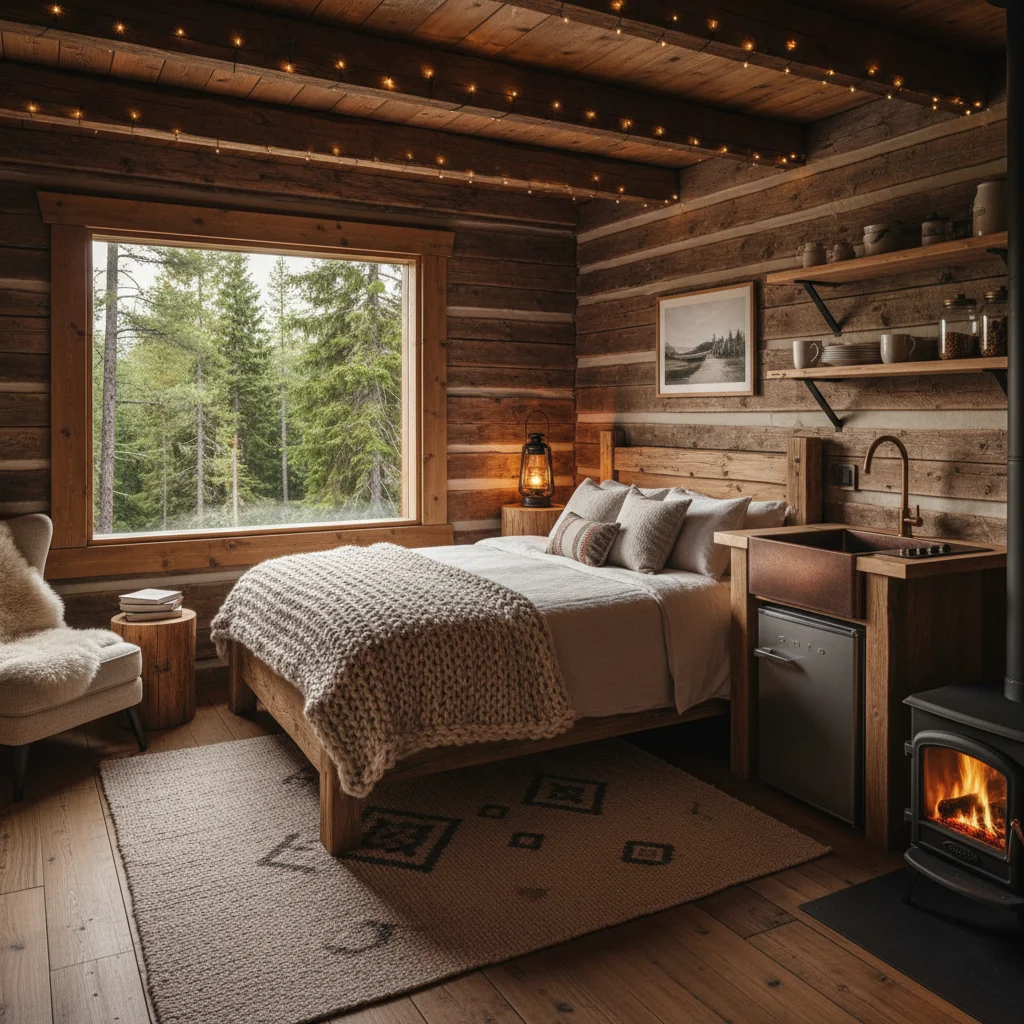 Cozy rustic cabin interior, representing budget-friendly lodging.
