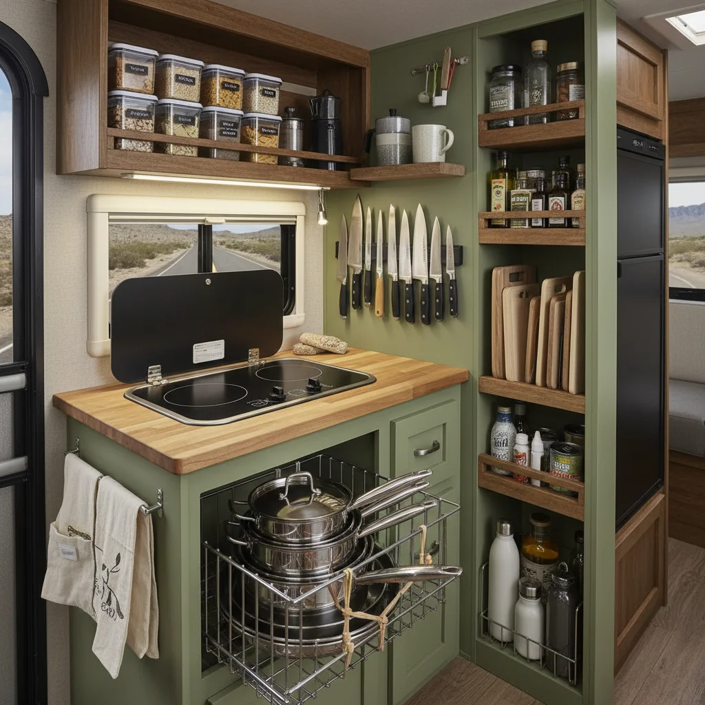 Organized RV kitchen with cooking essentials for road trip