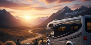 Ultimate 2026 RV Travel Guide: 3-Week US Road Trip Essentials Modern RV parked at scenic sunset overlook in American mountains