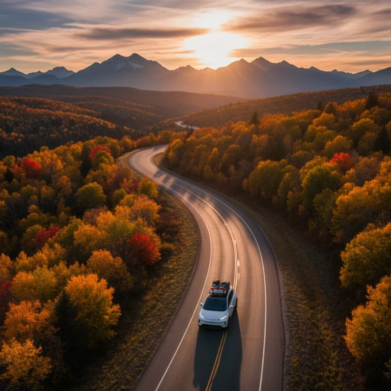 Scenic US highway with a car, representing an affordable road trip adventure.