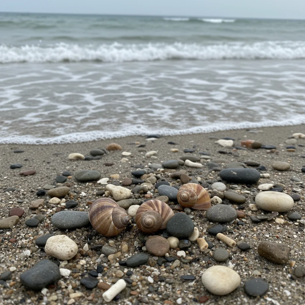 Collection of unique seashells and smooth pebbles on a quiet beach shore with soft waves.