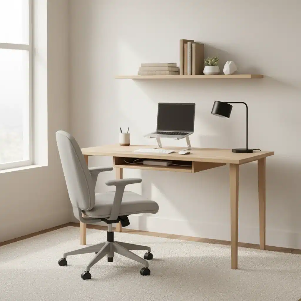 Functional and serene home office with minimalist desk and hidden cable management.