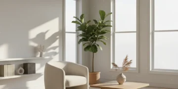 Serene minimalist living room with natural light and a single plant