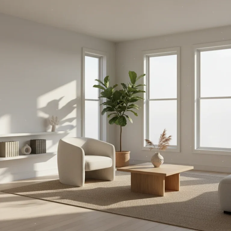 Serene minimalist living room with natural light and a single plant
