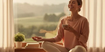 Person smiling serenely during morning routine, embodying daily joy
