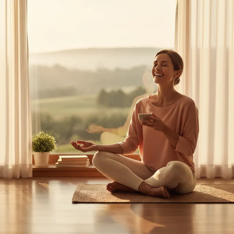 Person smiling serenely during morning routine, embodying daily joy