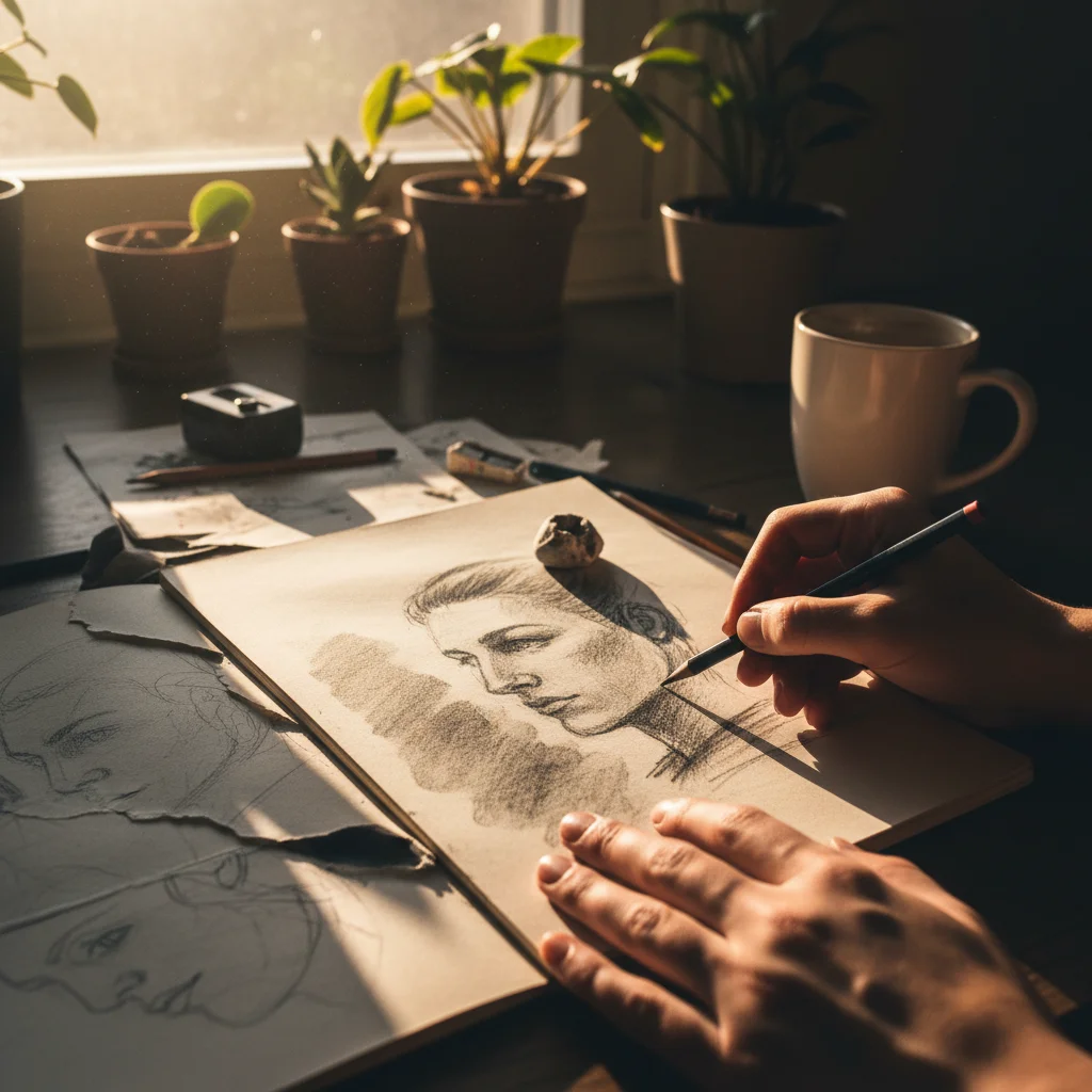 Person sketching, showing smudges and erased lines, representing process over perfection
