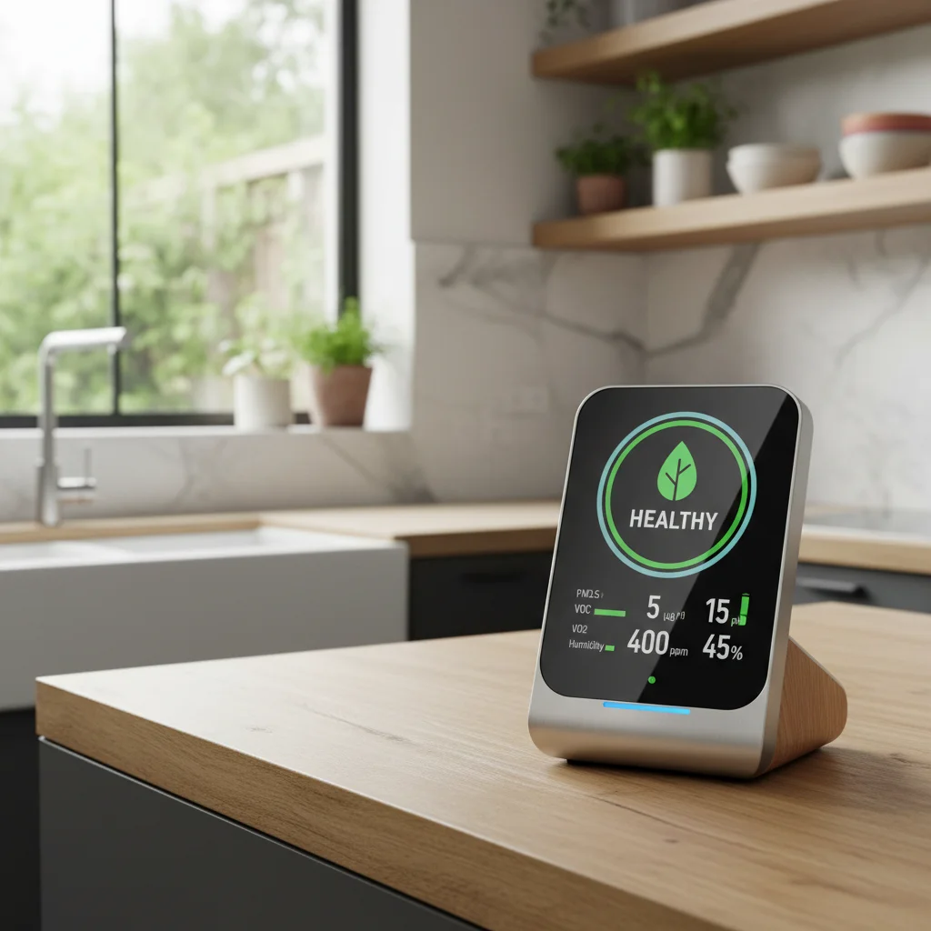 Smart air quality monitor showing healthy indoor air levels in a modern kitchen.