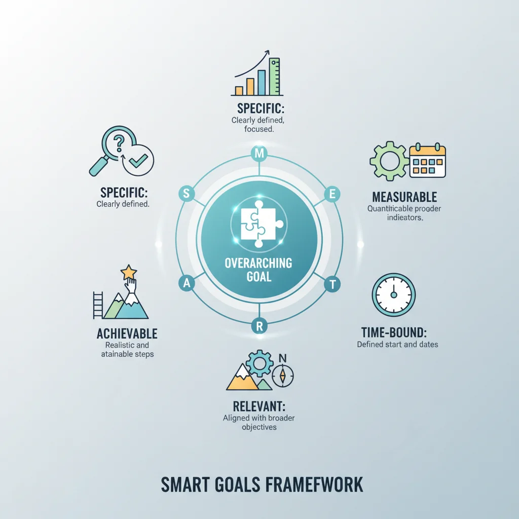 Illustration of the SMART goals framework with specific, measurable, achievable, relevant, time-bound elements.
