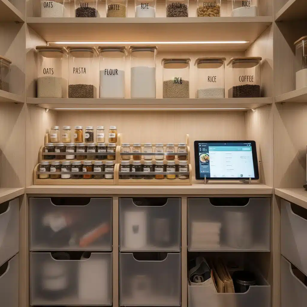 Smart kitchen pantry organization with labeled clear containers and tiered shelving.