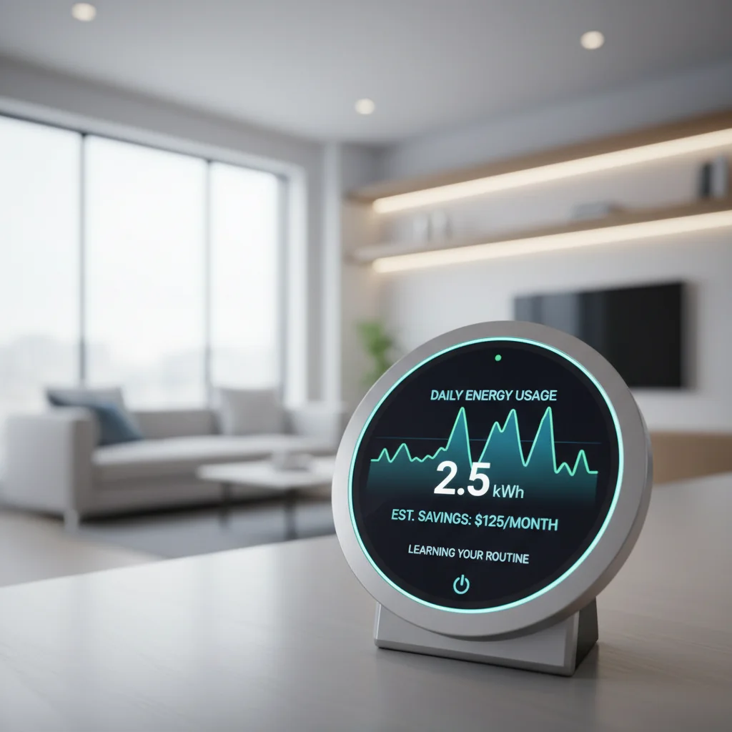 Smart thermostat displaying energy savings