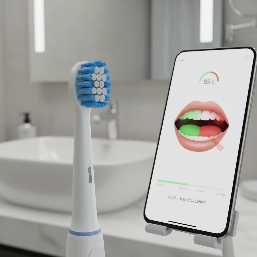 Smart toothbrush providing real-time brushing feedback on a smartphone app.