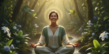 Smiling person meditating outdoors, embodying peace and enhanced well-being.
