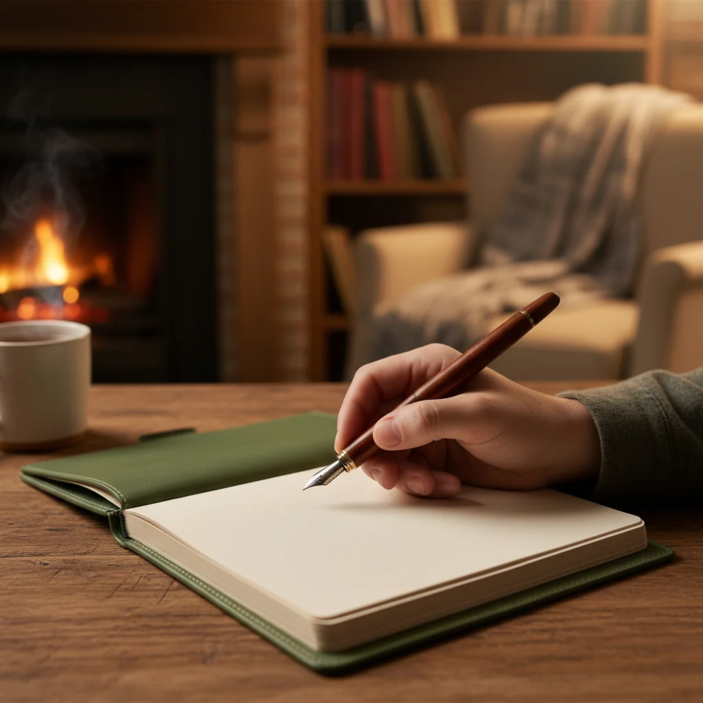 Hand holding pen over blank journal page, ready to write