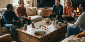 Diverse group happily communicating, building strong relationships.