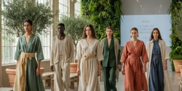 Models wearing sustainable fashion outfits in a modern, eco-friendly setting